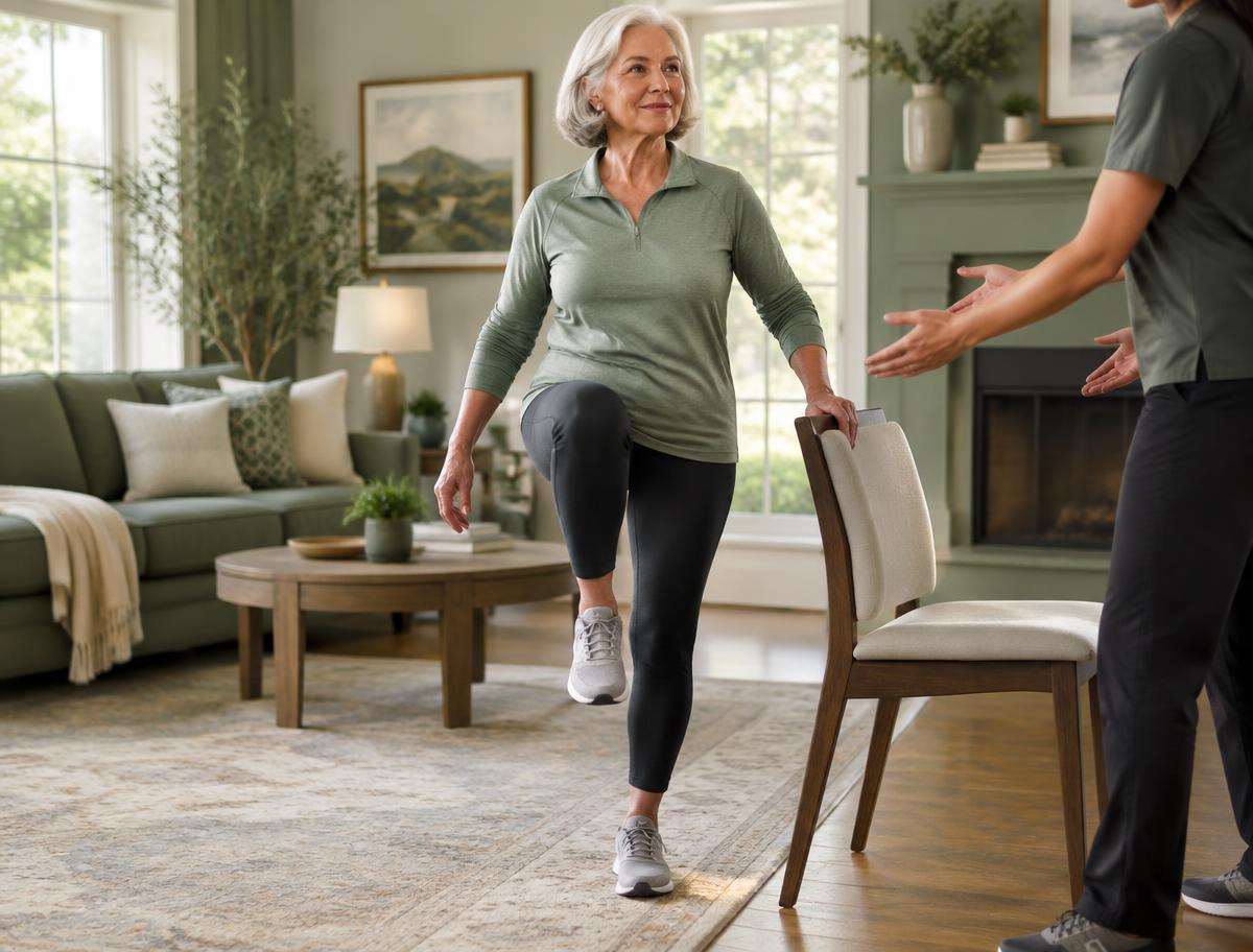 An older adult practicing balance near a chair with professional guidance