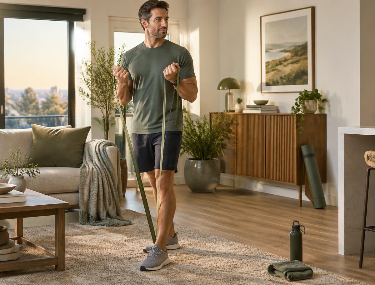 An active adult exercising with a resistance band at home
